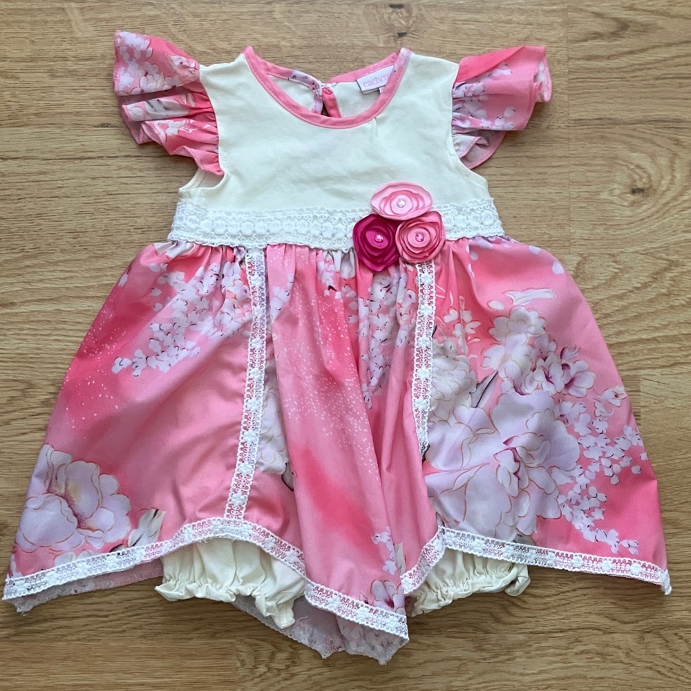 CACH CACH Infant Girl’s pink floral dress w/ underneath bloomers. Sz 24m